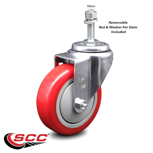 4 Inch Red Polyurethane Wheel Swivel 10mm Threaded Stem Caster SCC